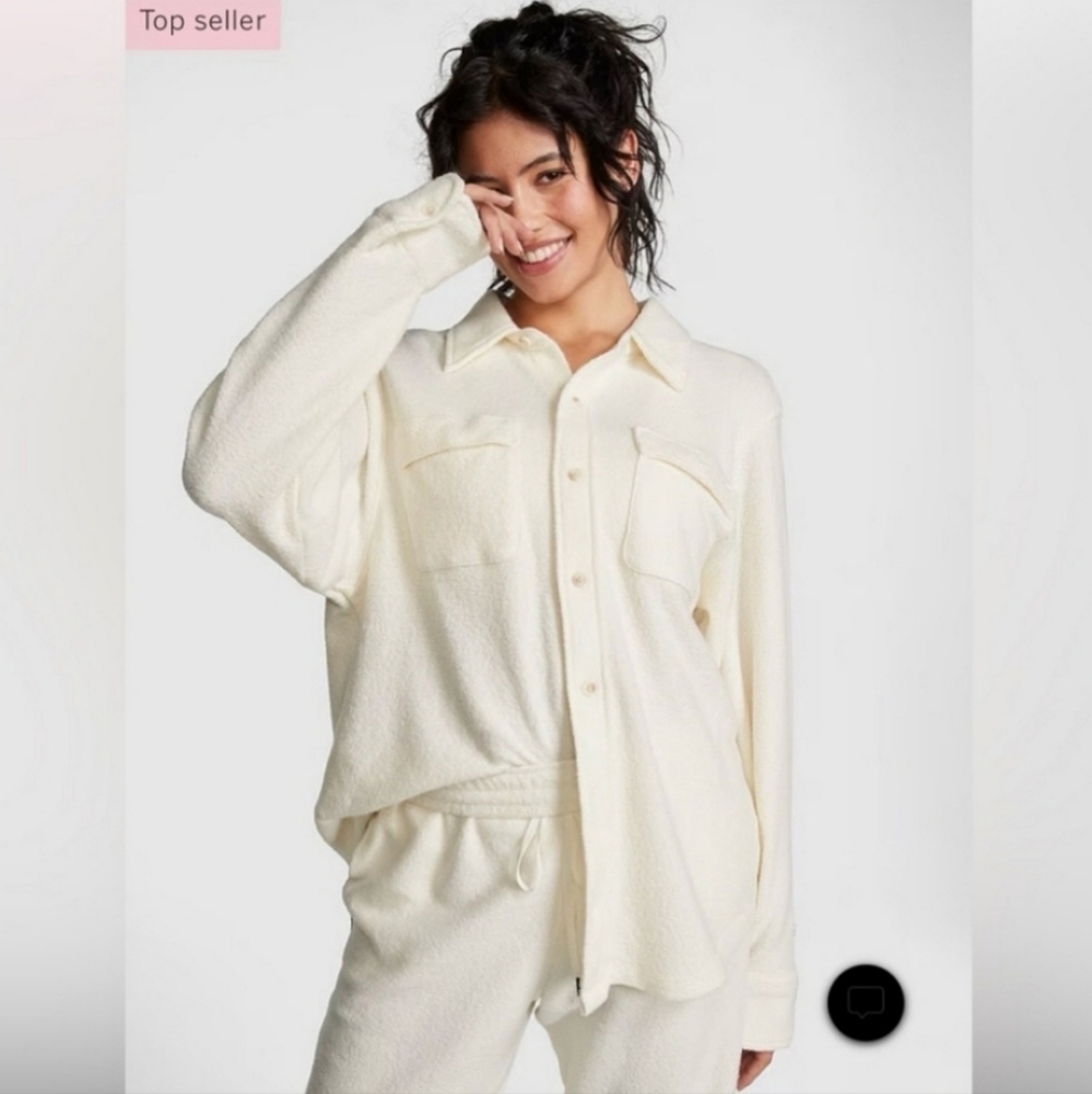 Reverse Fleece White Cream Shirt Jacket Shacket and Swetpens oversized Set Combo